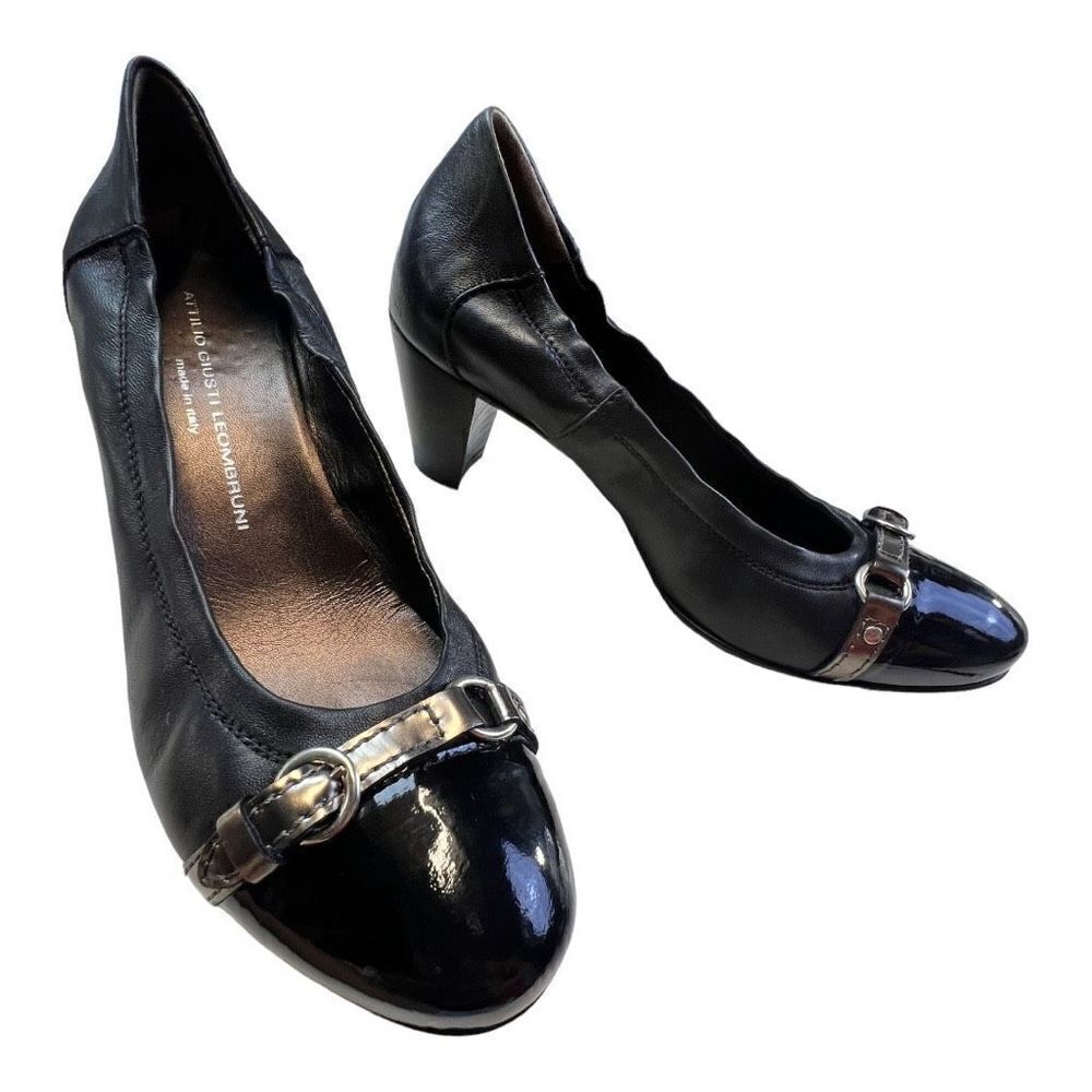 AGL Attilio Giusti Leombruni Women's Leather Cap Toe Pumps Heel Black Size 39.5